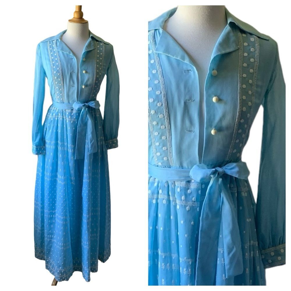 Vintage 1960s RONA Robin’s Egg Blue Embroidered Long Sleeve Lined Maxi Dress - S